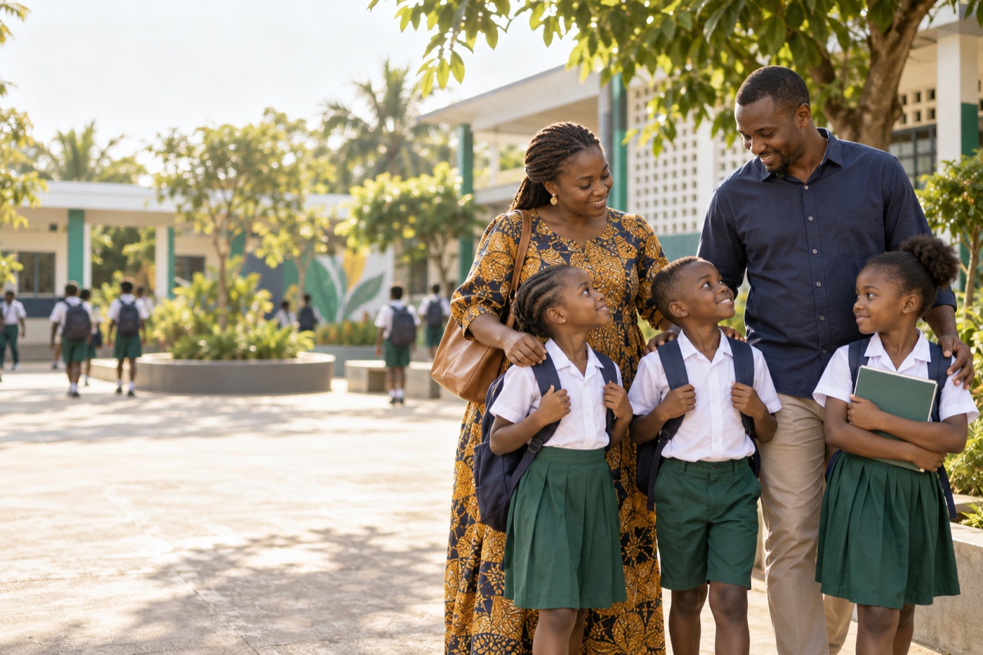 Des parents accompagnent des enfants du primaire dans une cour d’école